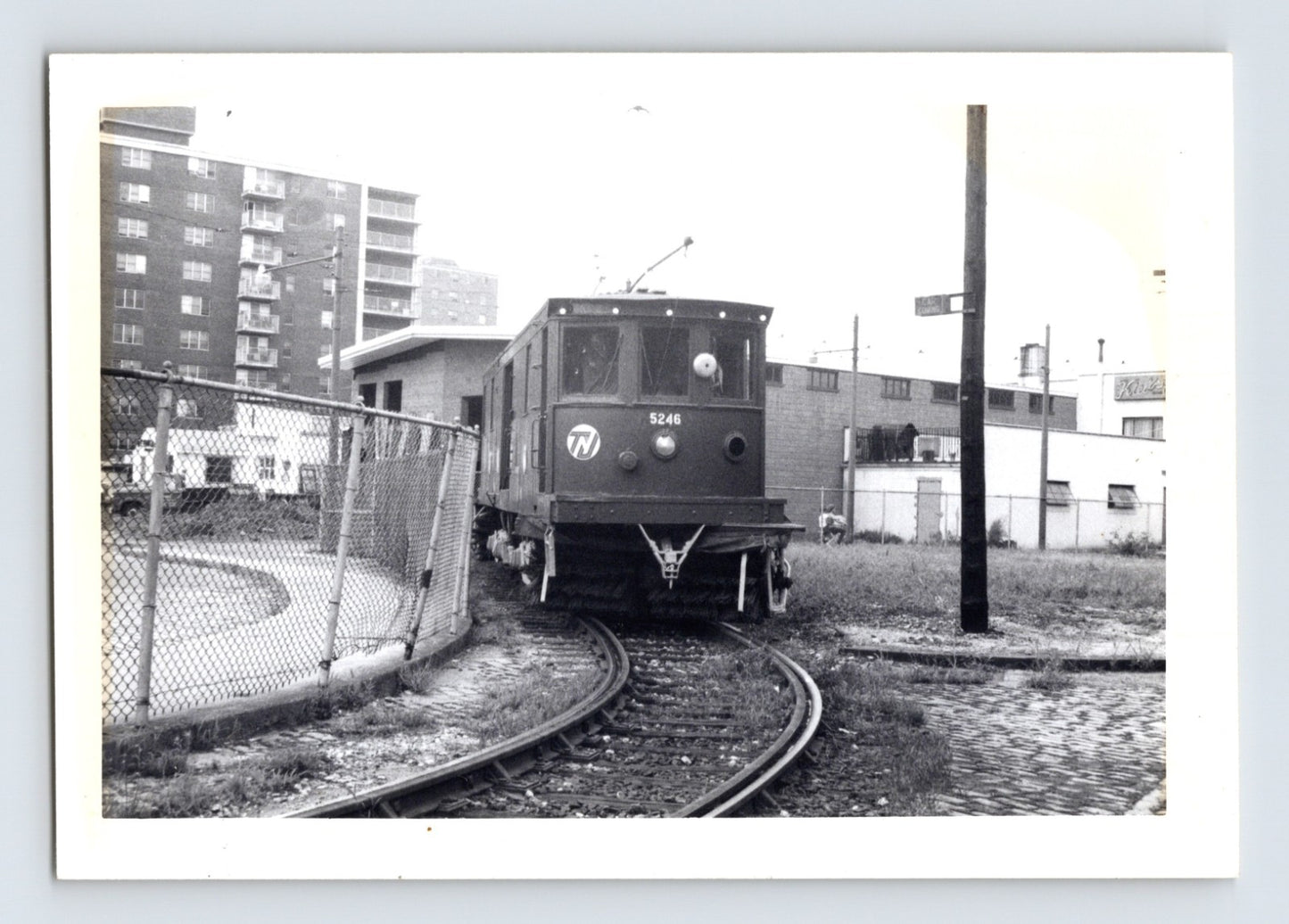 New Jersey transit snow sweeper car 5246 on curved yard track black and white photograph