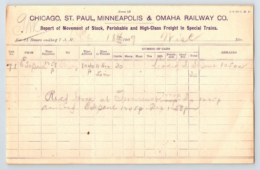 Chicago Illinois 1909 Chicago St Paul Minneapolis Omaha Railway Billhead 8 x 5.5