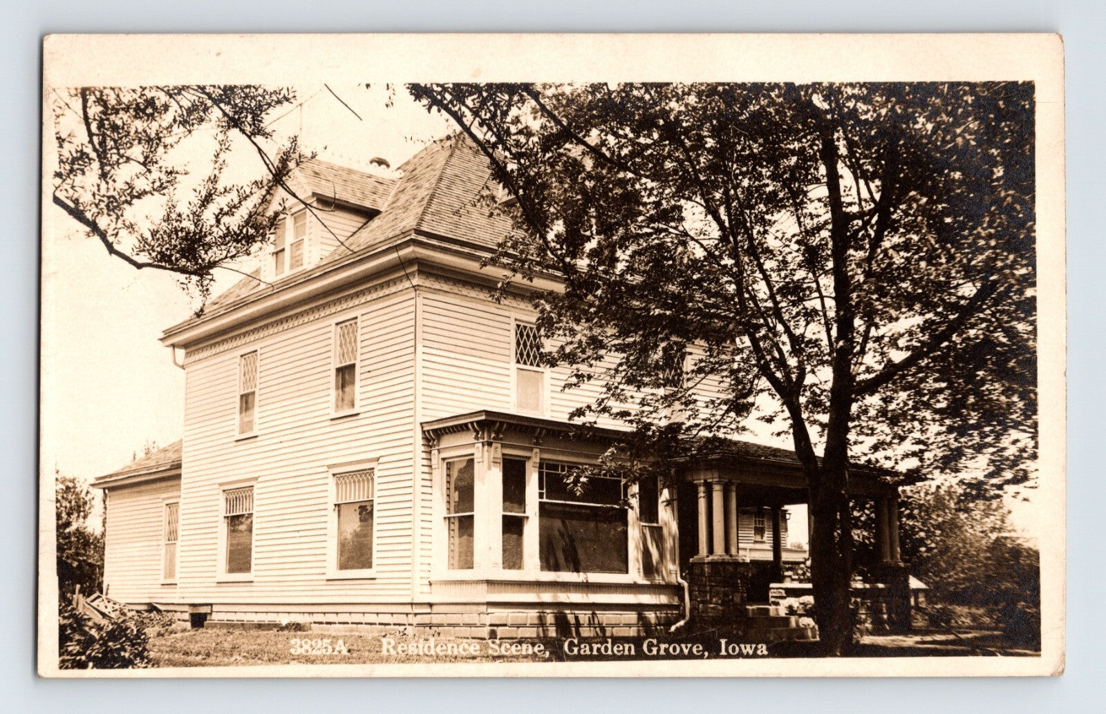 Garden Grove Iowa residence house scene 1911 real photo postcard large two story home porch trees