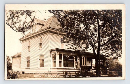 Garden Grove Iowa residence house scene 1911 real photo postcard large two story home porch trees