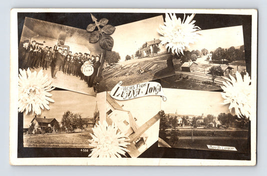 Luana Iowa Multi View 1909 RPPC Postcard Band Train Depot Posted Divided Back
