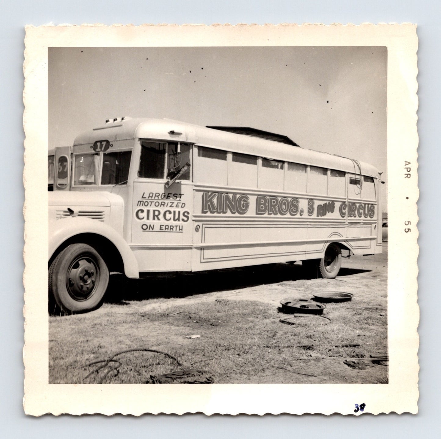 King Bros 3 Ring Circus 1955 photo of motorized circus bus with Largest Motorized Circus On Earth lettering - 3.5 x 3.5