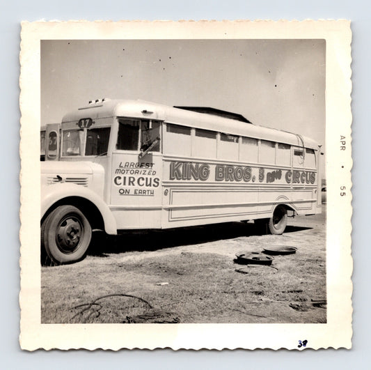 King Bros 3 Ring Circus 1955 photo of motorized circus bus with Largest Motorized Circus On Earth lettering - 3.5 x 3.5