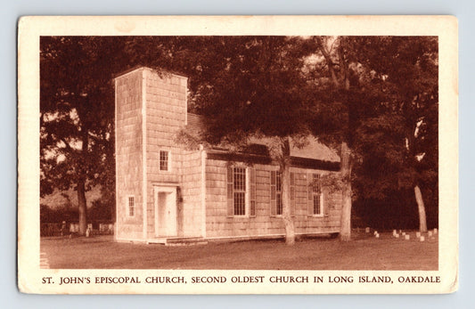 1940s Oakdale Long Island New York St Johns Episcopal Church postcard showing small historic church building with surrounding trees and grounds