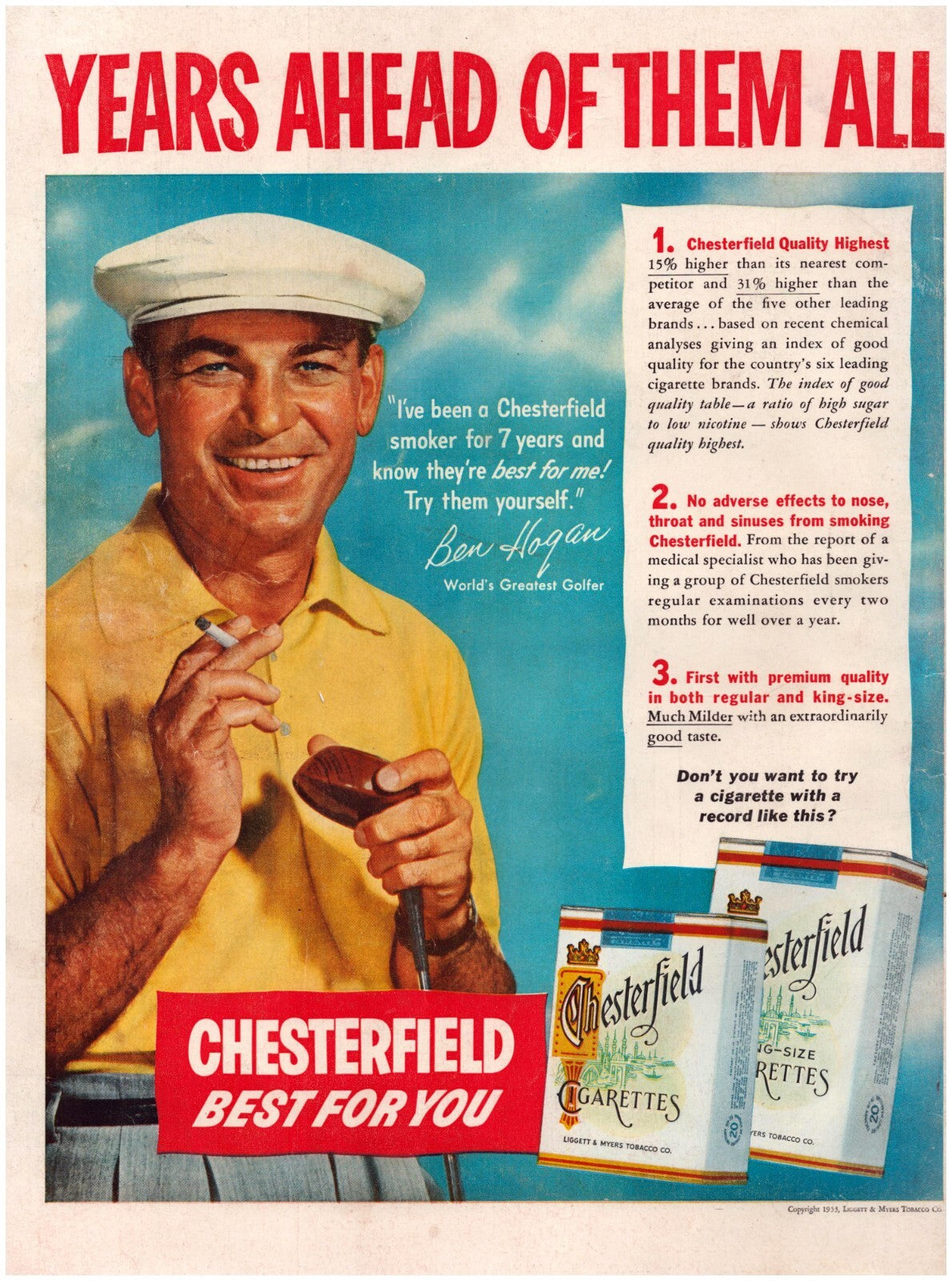 Chesterfield cigarettes 1953 print ad Ben Hogan golfer endorsement vintage magazine page