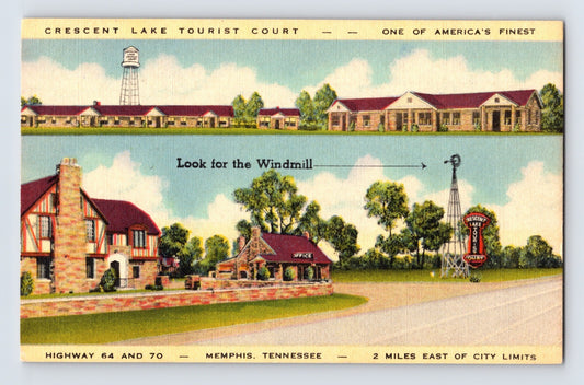 Memphis Tennessee Crescent Lake Tourist Court motel with windmill and roadside sign 1940s postcard