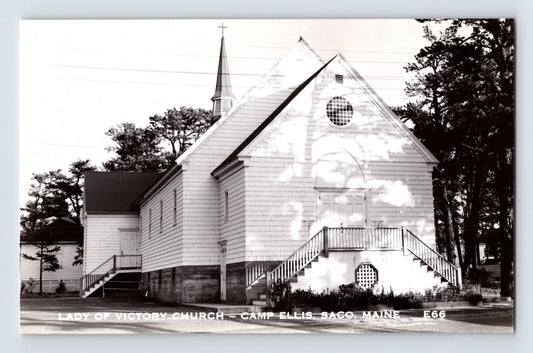 Saco Maine Lady of Victory Church Camp Ellis white wooden chapel exterior with steeple 1950s postcard