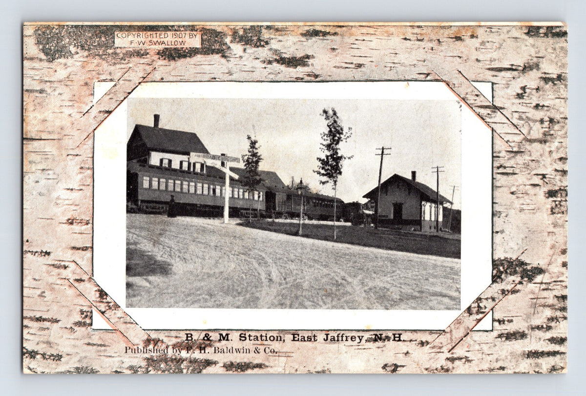East Jaffrey New Hampshire Boston and Maine Railroad station with train cars 1907 postcard