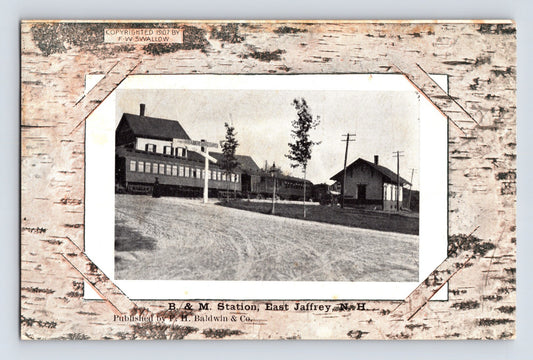 East Jaffrey New Hampshire Boston and Maine Railroad station with train cars 1907 postcard