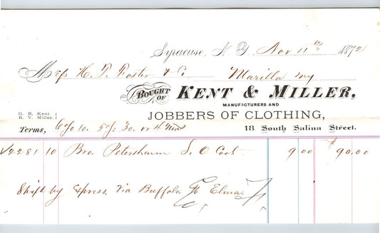 Syracuse New York 1872 Kent Miller Clothing Billhead 8.5 x 5