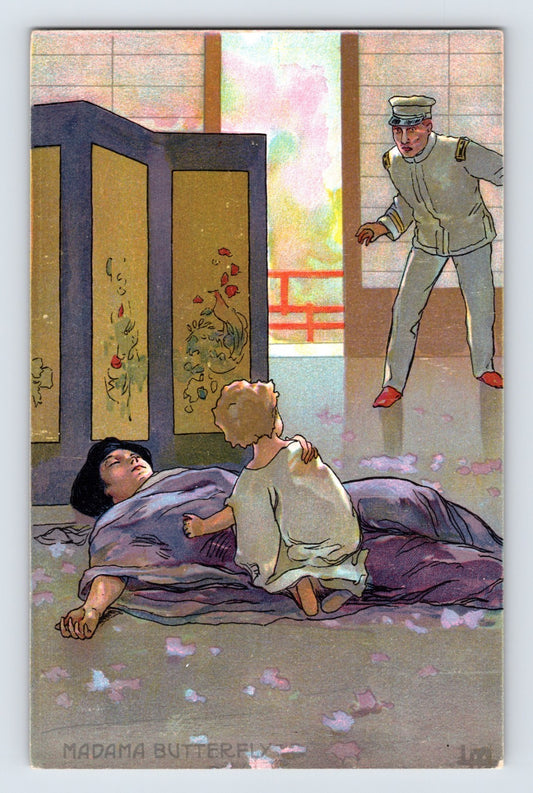 Illustrated Madam Butterfly opera postcard showing Cio-Cio-San’s death scene with child and returning officer