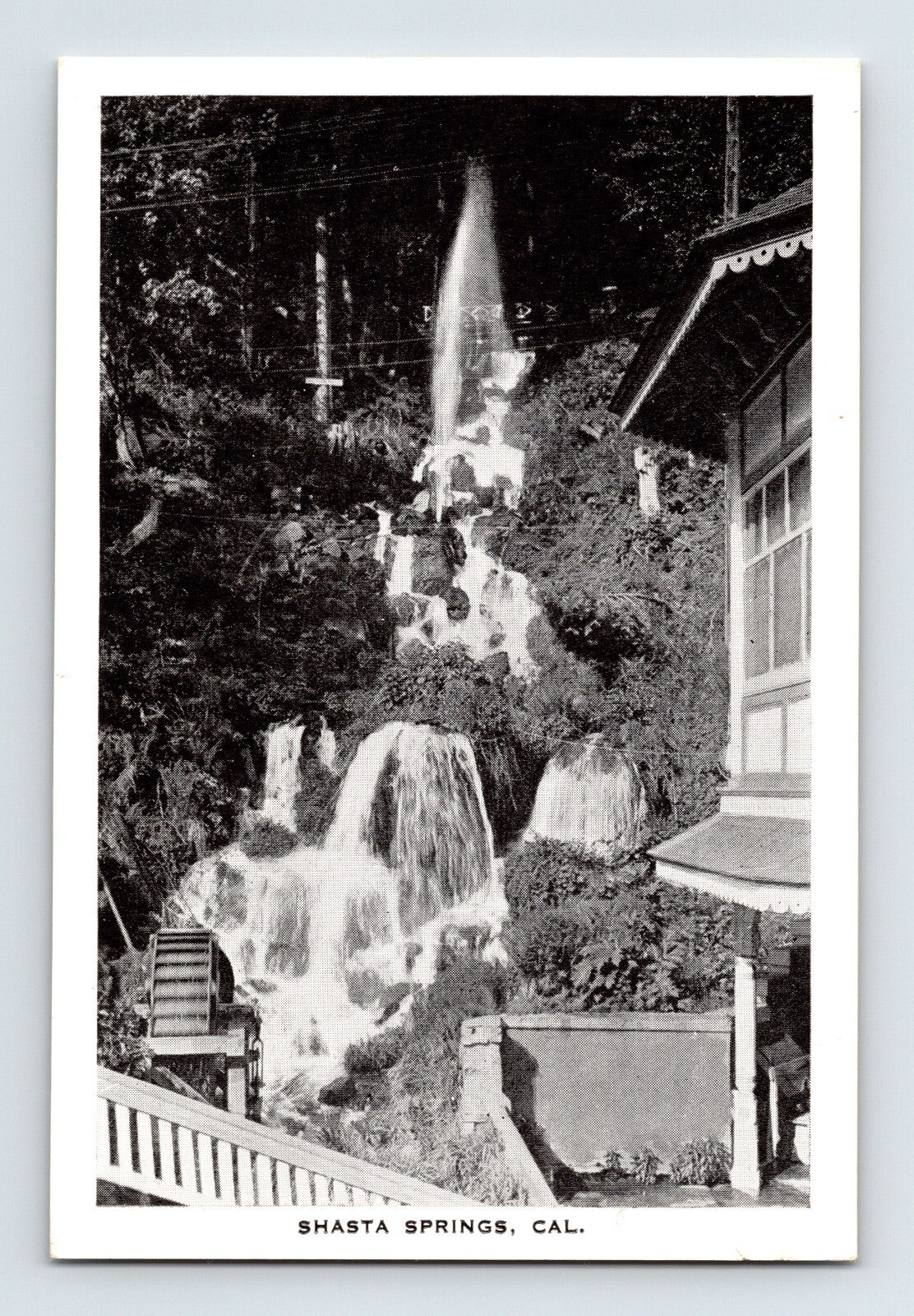 1930s black and white miniature postcard of Shasta Springs Falls California showing tiered waterfall beside resort structure