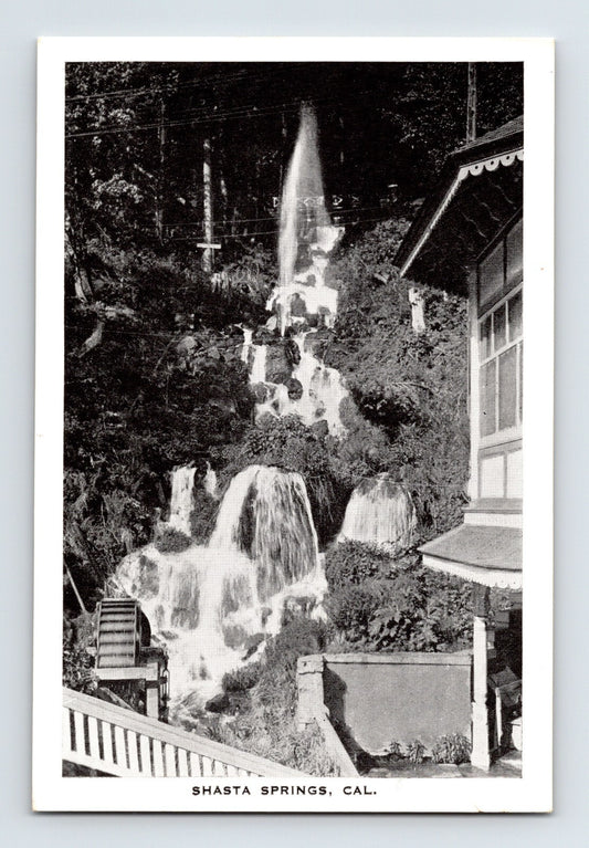 1930s black and white miniature postcard of Shasta Springs Falls California showing tiered waterfall beside resort structure