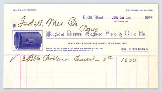 1900 Butte Montana Butte Sewer Pipe Tile Co Portland Cement Billhead 8 x 4.5