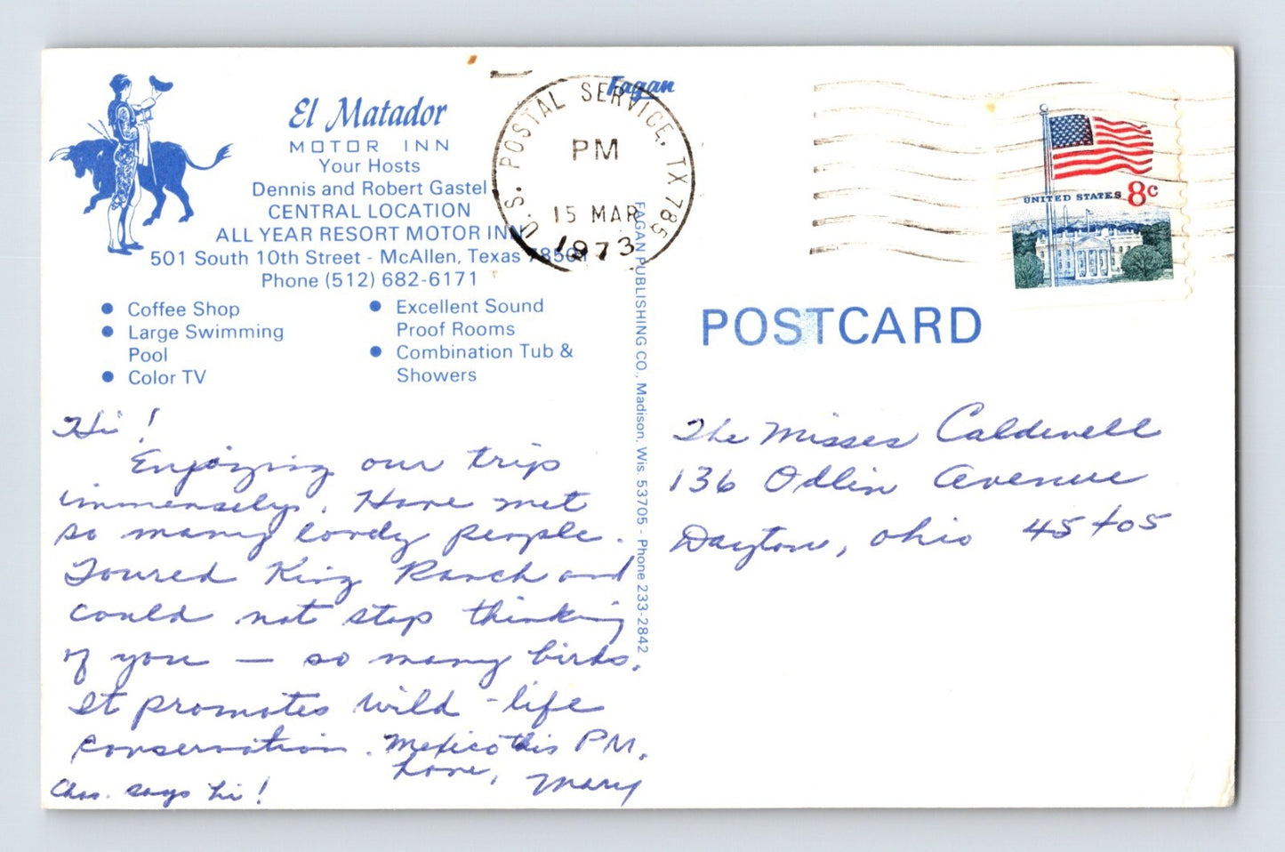 McAllen Texas El Matador Motor Inn Motel 1973 Postcard Posted Chrome