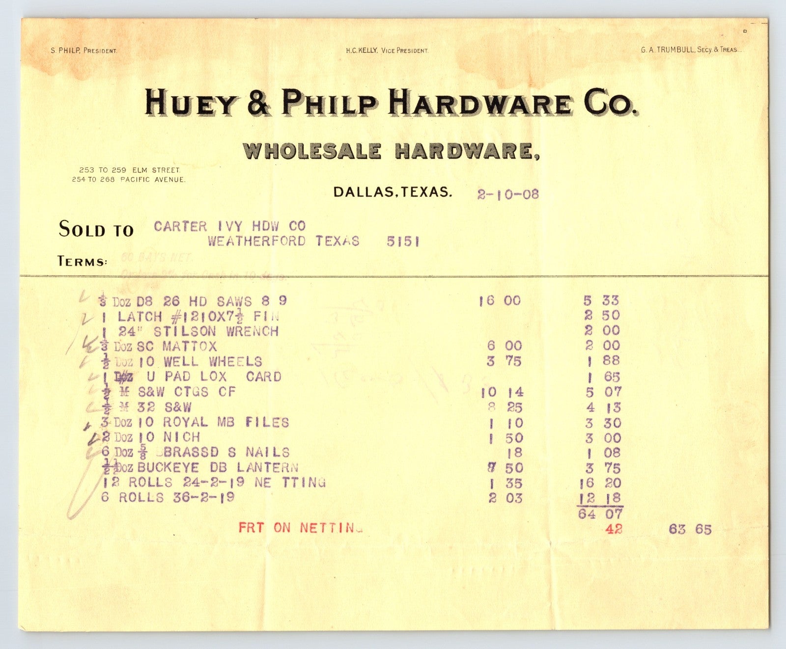 Dallas Texas 1908 Huey and Philp Hardware Wholesale Invoice to Carter Ivy Hardware