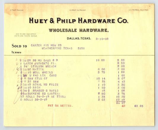 Dallas Texas 1908 Huey and Philp Hardware Wholesale Invoice to Carter Ivy Hardware