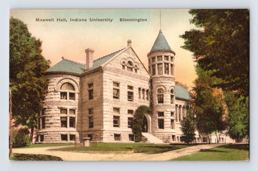 Bloomington Indiana Indiana University Maxwell Hall hand colored postcard with turreted stone building 1910s