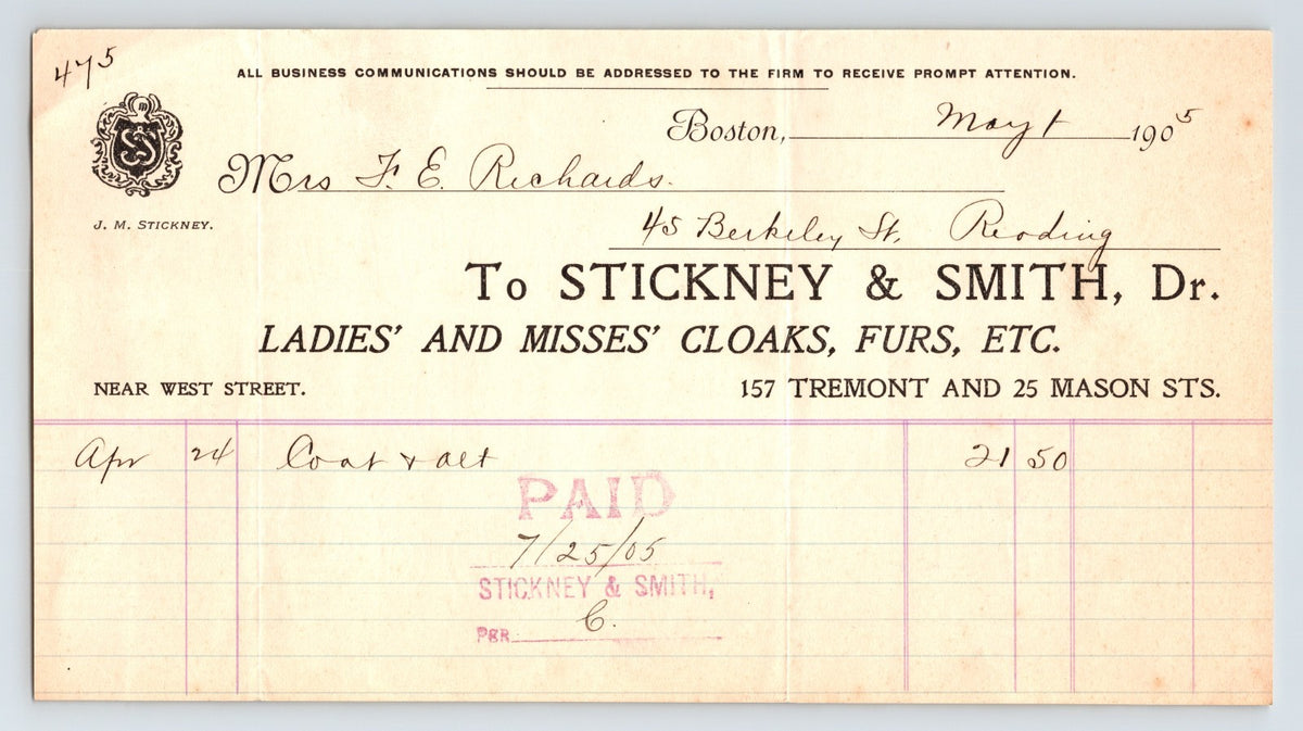 Boston Massachusetts Stickney and Smith ladies cloaks furs billhead Tremont Street 1905