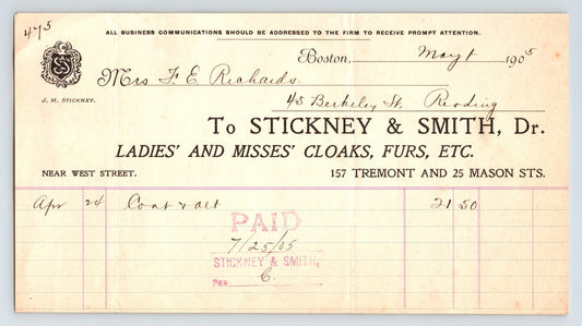 Boston Massachusetts Stickney and Smith ladies cloaks furs billhead Tremont Street 1905