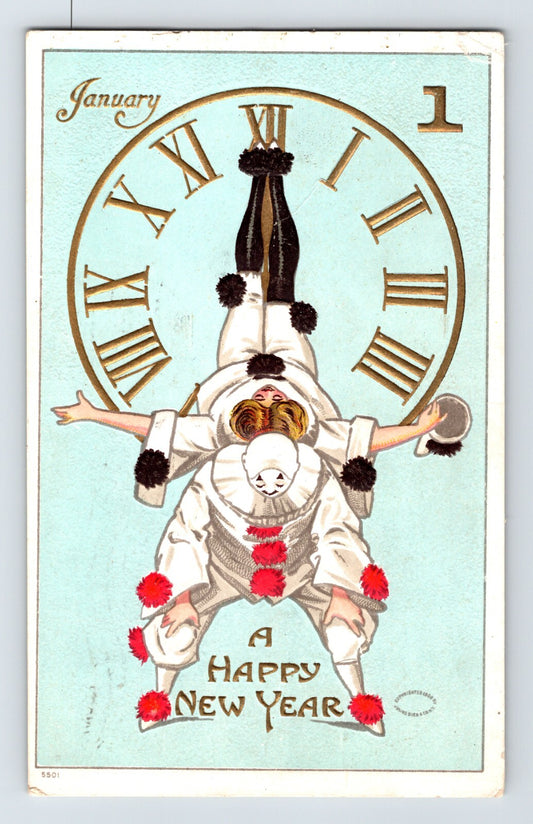 Happy New Year Clown Acrobats Circus 1910 Postcard Posted Divided Back