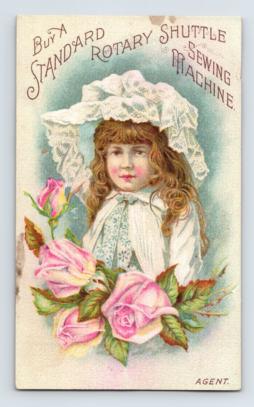 Standard Rotary Shuttle Sewing Machine Victorian trade card girl roses advertising