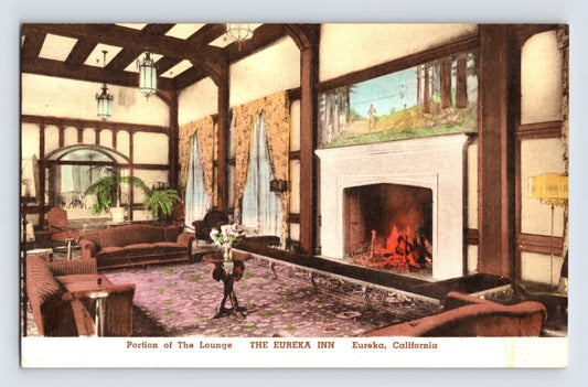 Eureka California Eureka Inn Lounge Fireplace 1930s Postcard Hand Colored