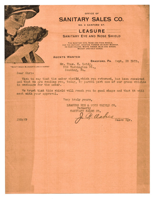 Bradford PA 1913 Leasure Sanitary Eye and Nose Shield Letterhead 8.5 x 11