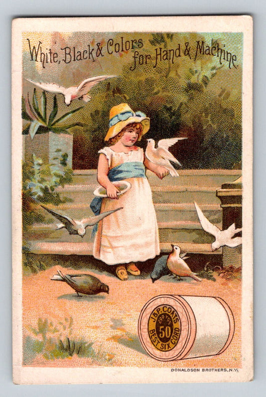 J. P. Coats Sewing Thread 1890s Trade Card Little Girl Pigeon Dove 2.5 x 4