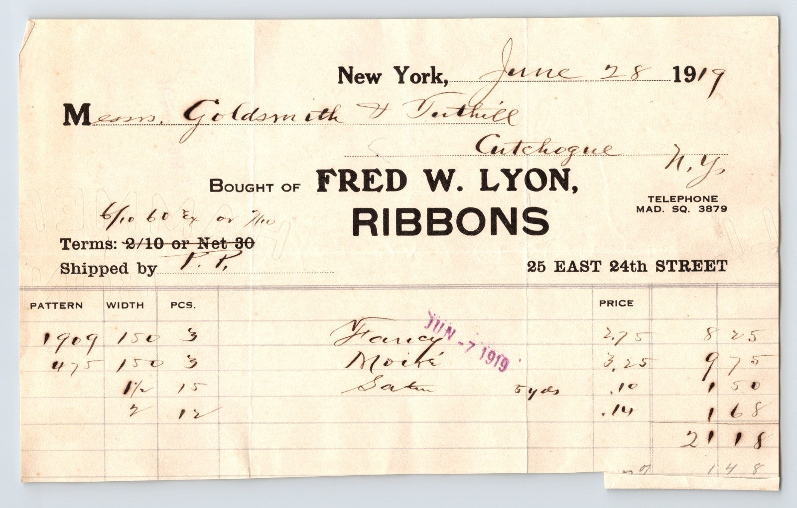 New York 1919 Fred W Lyon Ribbons textile billhead invoice handwritten entries vintage paper