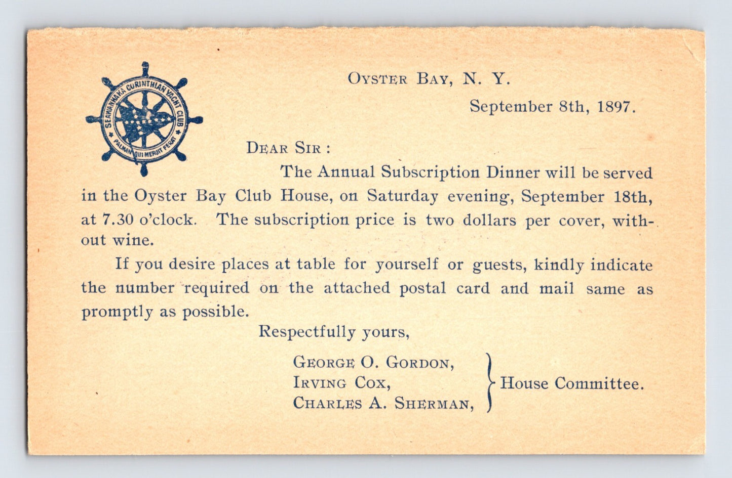 Long Island New York Oyster Bay Club House Dinner 1897 Postcard Posted