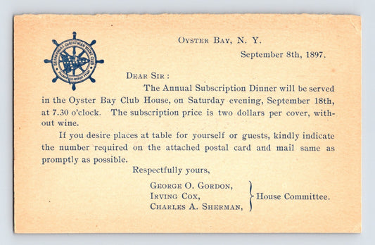 Long Island New York Oyster Bay Club House Dinner 1897 Postcard Posted