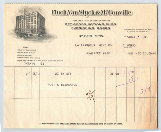 St Paul Minnesota 1919 Finch Van Slyck McConville Dry Goods Billhead 8 x 7