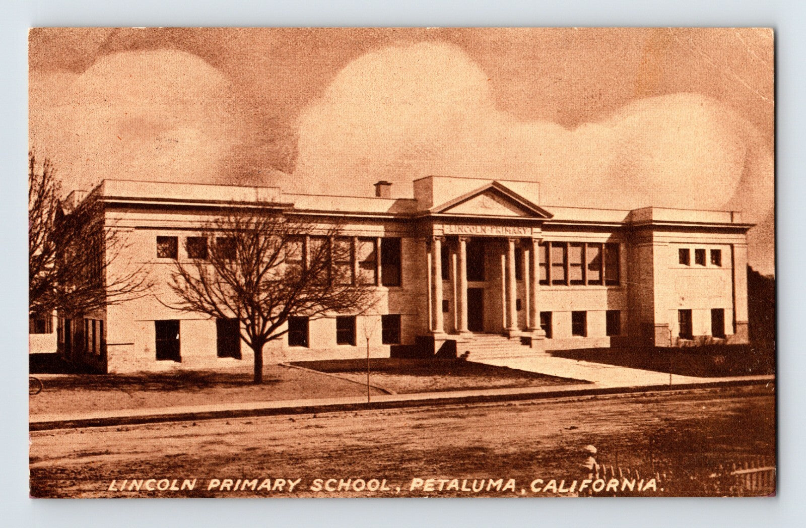 Sepia-tone postcard view of Lincoln Primary School in Petaluma, California, showing a neoclassical school building with columned entrance and early streetscape.