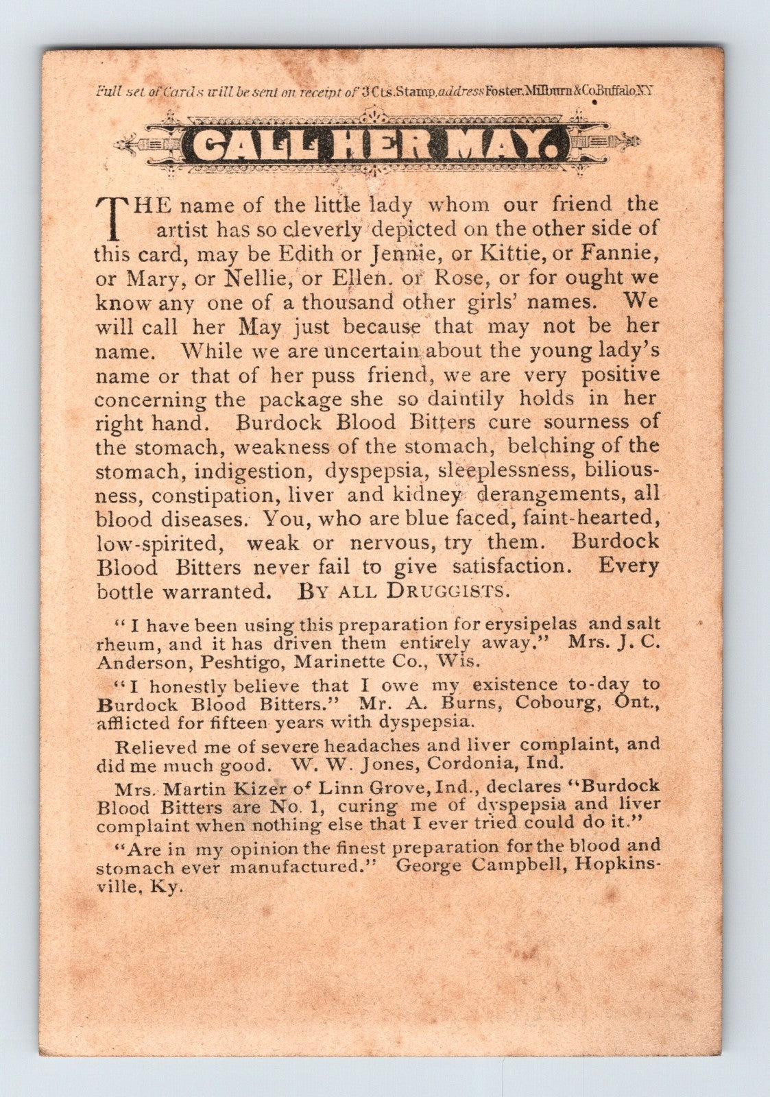 Burdock Blood Bitters Girl Cat Quack 1890s Victorian Trade Card 4.75 x 3