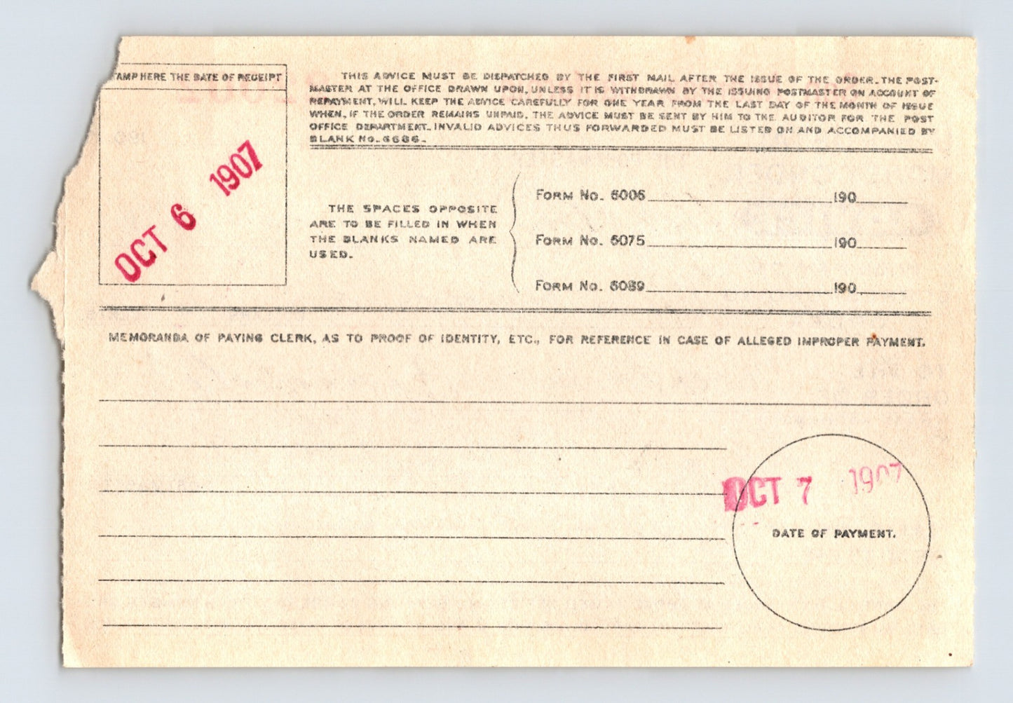 San Andreas California 1907 Postal Money Order Advice 3.5 x 5