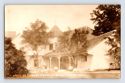 Los Angeles California Shirley Temple home Brentwood residence exterior trees porch 1930s RPPC postcard