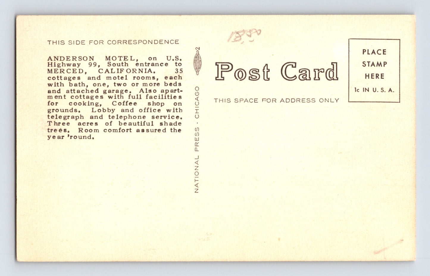 Merced California Anderson Motel 1940s Postcard Unposted Linen