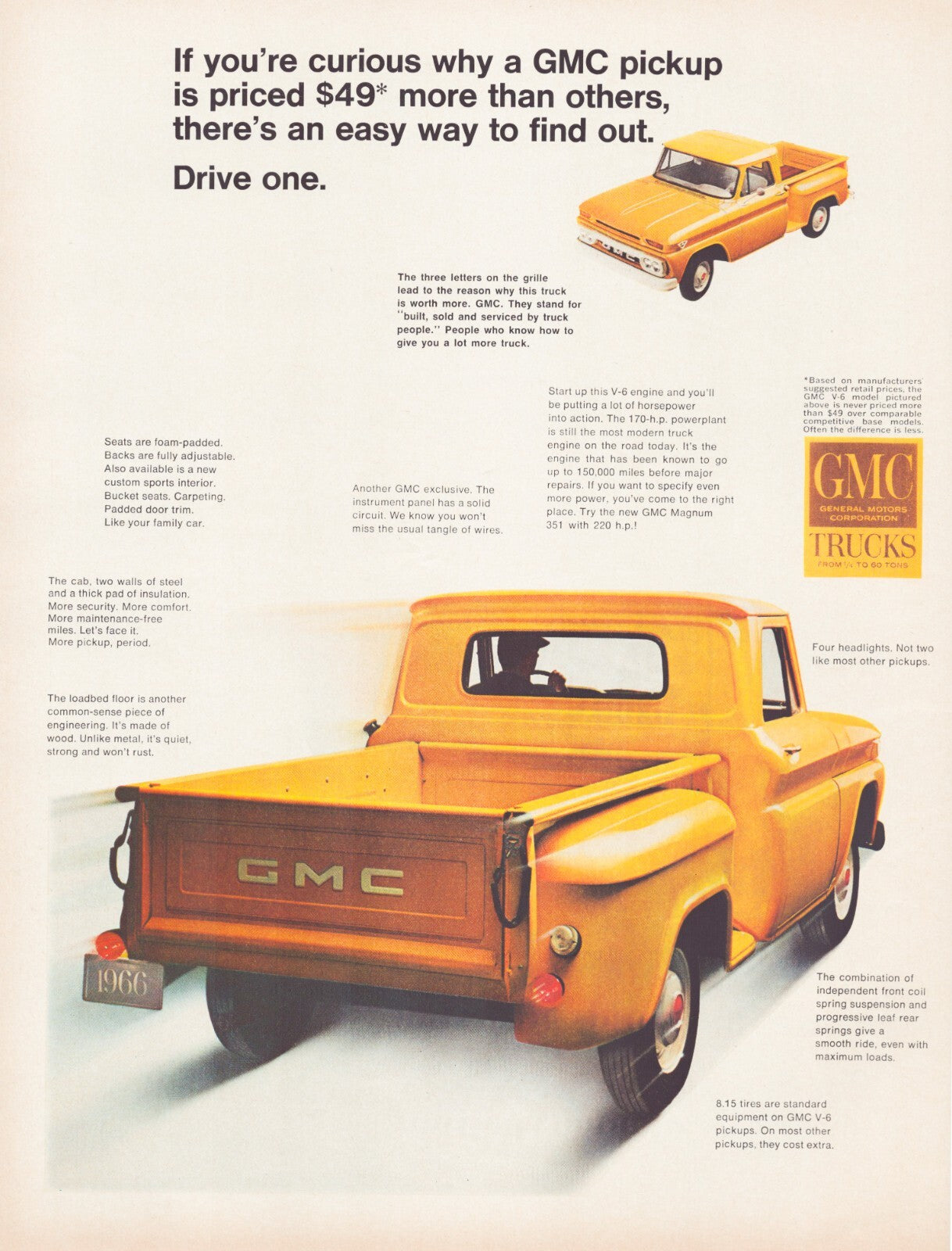 GMC V6 pickup truck 1966 yellow rear view print advertisement full page