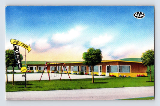 Coulee City Washington Ala Cozy Motel with roadside sign playground and mid century motor court layout 1950s postcard