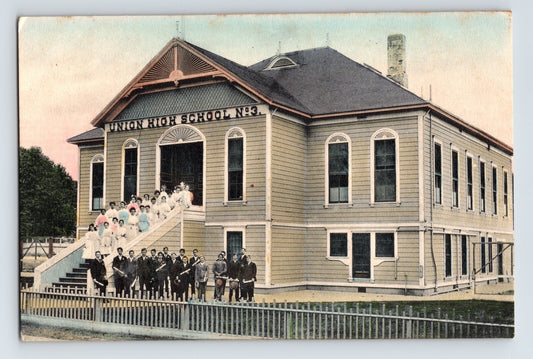 Hayward California Union High School building with students and faculty posed on front steps in hand colored early twentieth century view