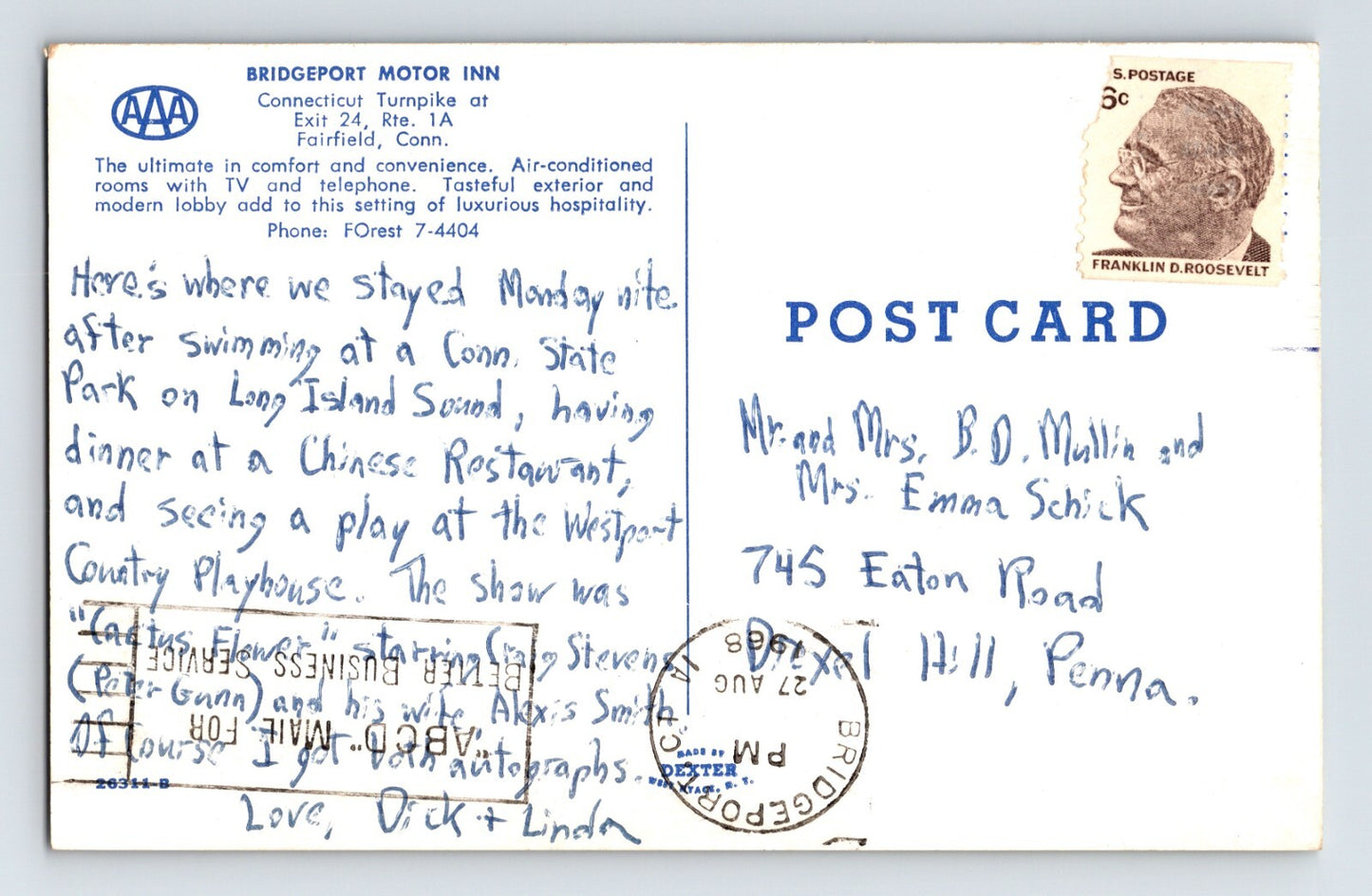 Fairfield Connecticut Bridgeport Motor Inn 1968 Postcard Posted Chrome