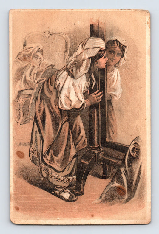 Hasbrouck Conqueror wringer hardware trade card with woman looking into mirror, Rondout New York, 5 x 3.25