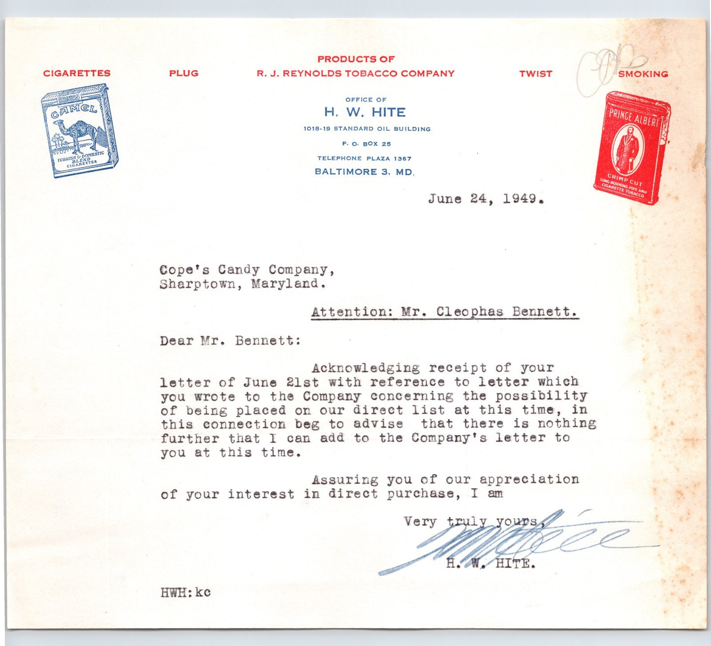 RJ Reynolds Tobacco Company 1949 letterhead Baltimore office cigarettes Camel Prince Albert branding
