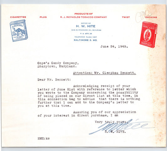 RJ Reynolds Tobacco Company 1949 letterhead Baltimore office cigarettes Camel Prince Albert branding