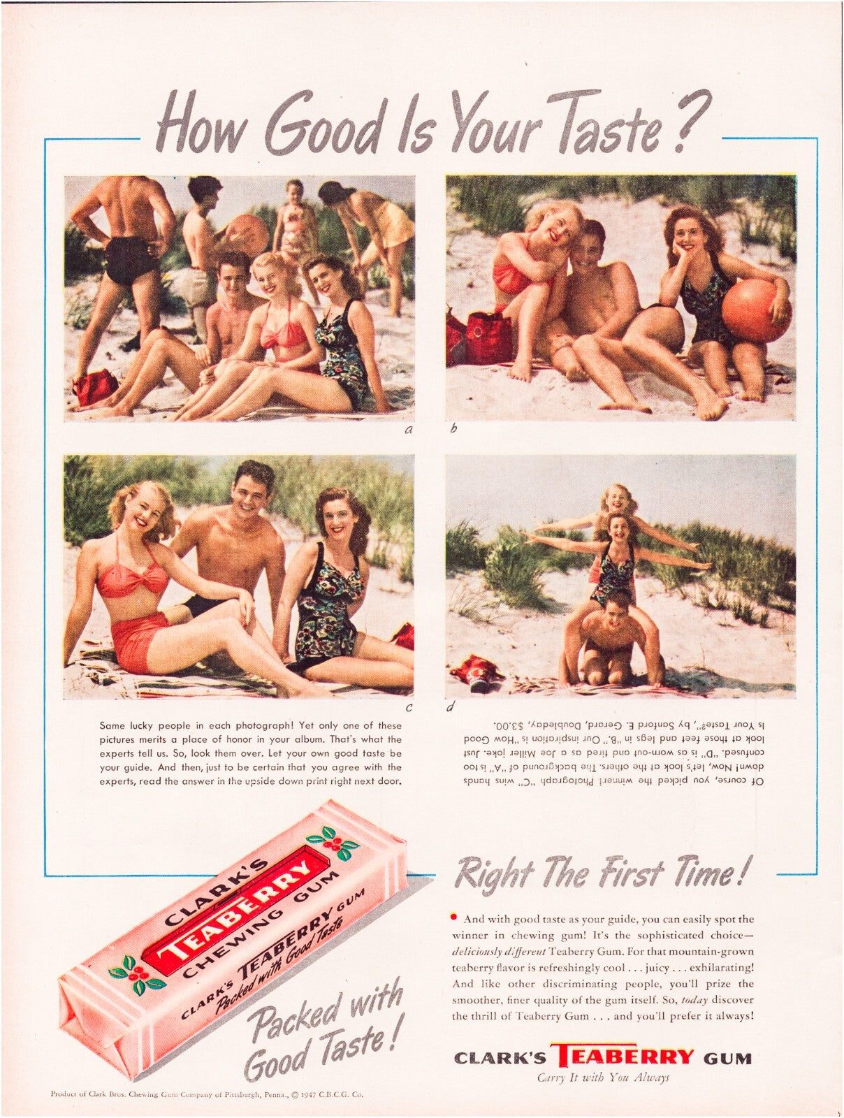 Clark Teaberry chewing gum 1947 print ad box packaging illustration Right the first time slogan full page magazine ad