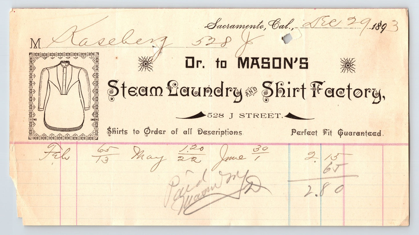 Sacramento California Mason Steam Laundry Shirt Factory 1893 billhead showing illustrated shirt graphic and J Street business address