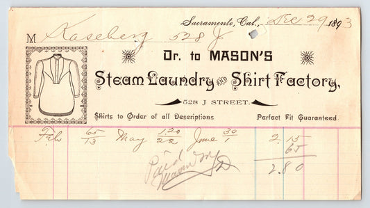 Sacramento California Mason Steam Laundry Shirt Factory 1893 billhead showing illustrated shirt graphic and J Street business address