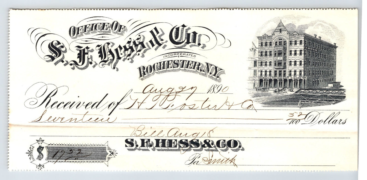 Rochester New York 1890 S E Hess and Co tobacco cigar billhead decorative lettering engraved building vignette