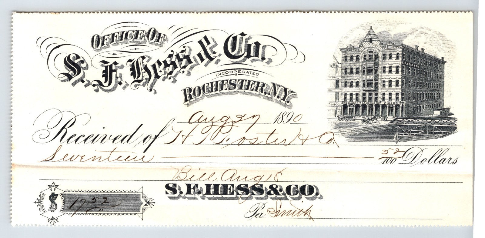 Rochester New York 1890 S E Hess and Co tobacco cigar billhead decorative lettering engraved building vignette